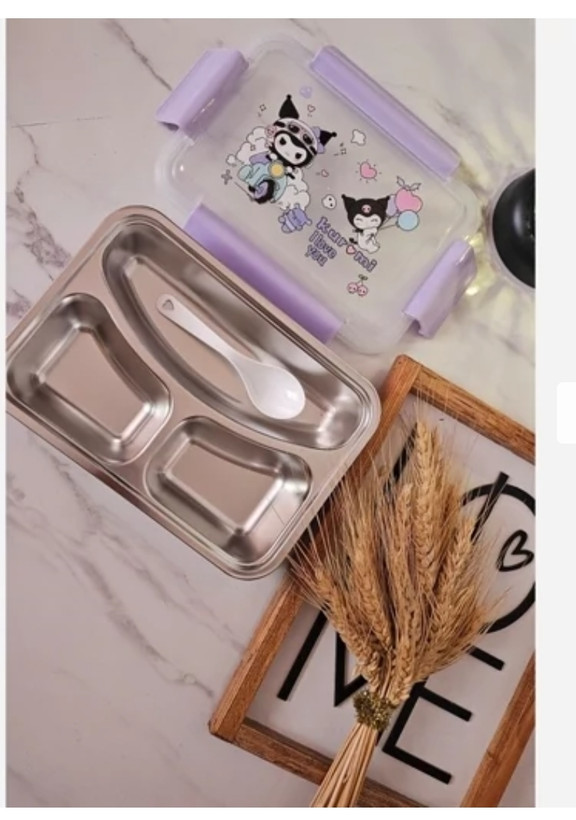 ظرف غذای سهخانه استیل طرح کرومی 1000 میلیلیتر + قاشق