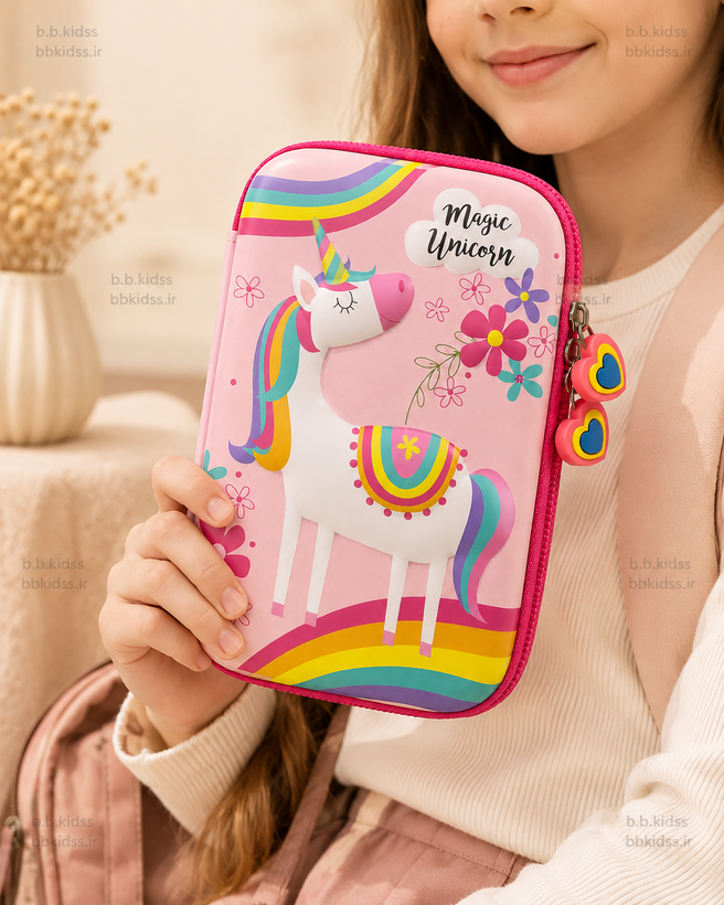 جامدادی تبلتی سهبعدی دخترانه طرح Magic Unicorn مدل رنگینکمانی صورتی