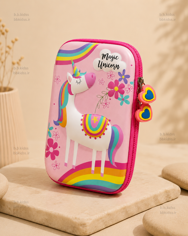 جامدادی تبلتی سهبعدی دخترانه طرح Magic Unicorn مدل رنگینکمانی صورتی