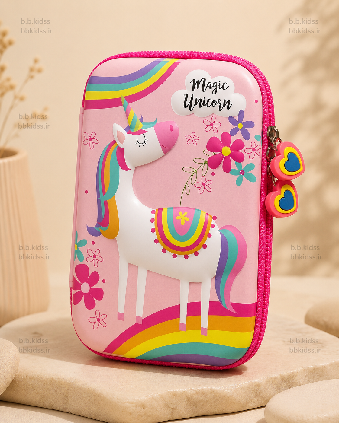 جامدادی تبلتی سه‌بعدی دخترانه طرح Magic Unicorn مدل رنگین‌کمانی صورتی