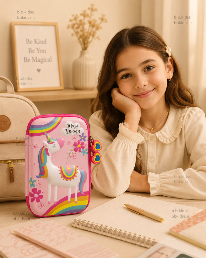 جامدادی تبلتی سهبعدی دخترانه طرح Magic Unicorn مدل رنگینکمانی صورتی