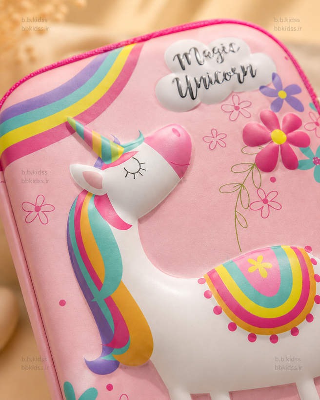 جامدادی تبلتی سهبعدی دخترانه طرح Magic Unicorn مدل رنگینکمانی صورتی