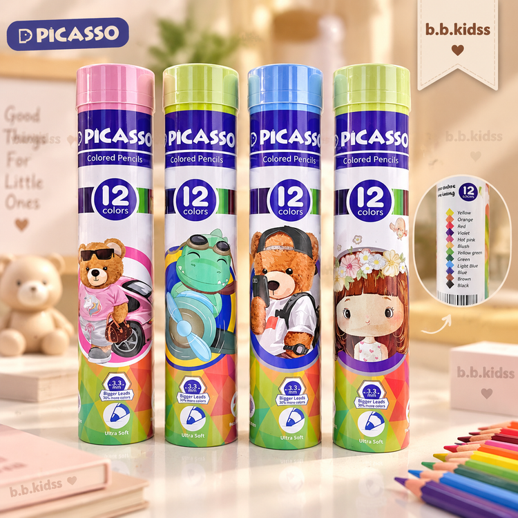 مداد رنگی ۱۲ رنگ پیکاسو PICASSO مدل Ultra Soft با مغزی ۳.۳ میلیمتری و جعبه فلزی
