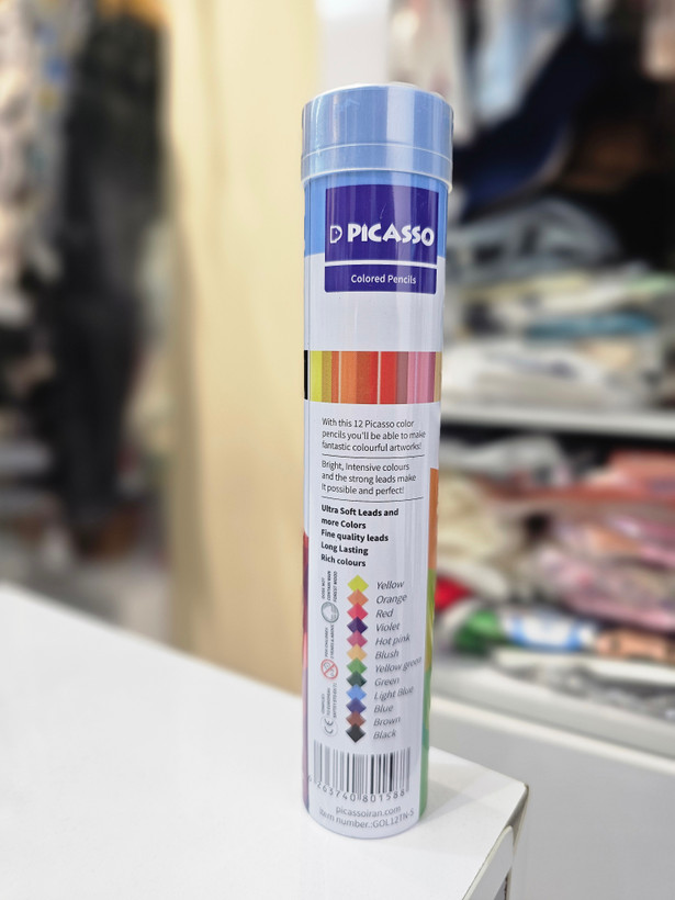 مداد رنگی ۱۲ رنگ پیکاسو PICASSO مدل Ultra Soft با مغزی ۳.۳ میلیمتری و جعبه فلزی