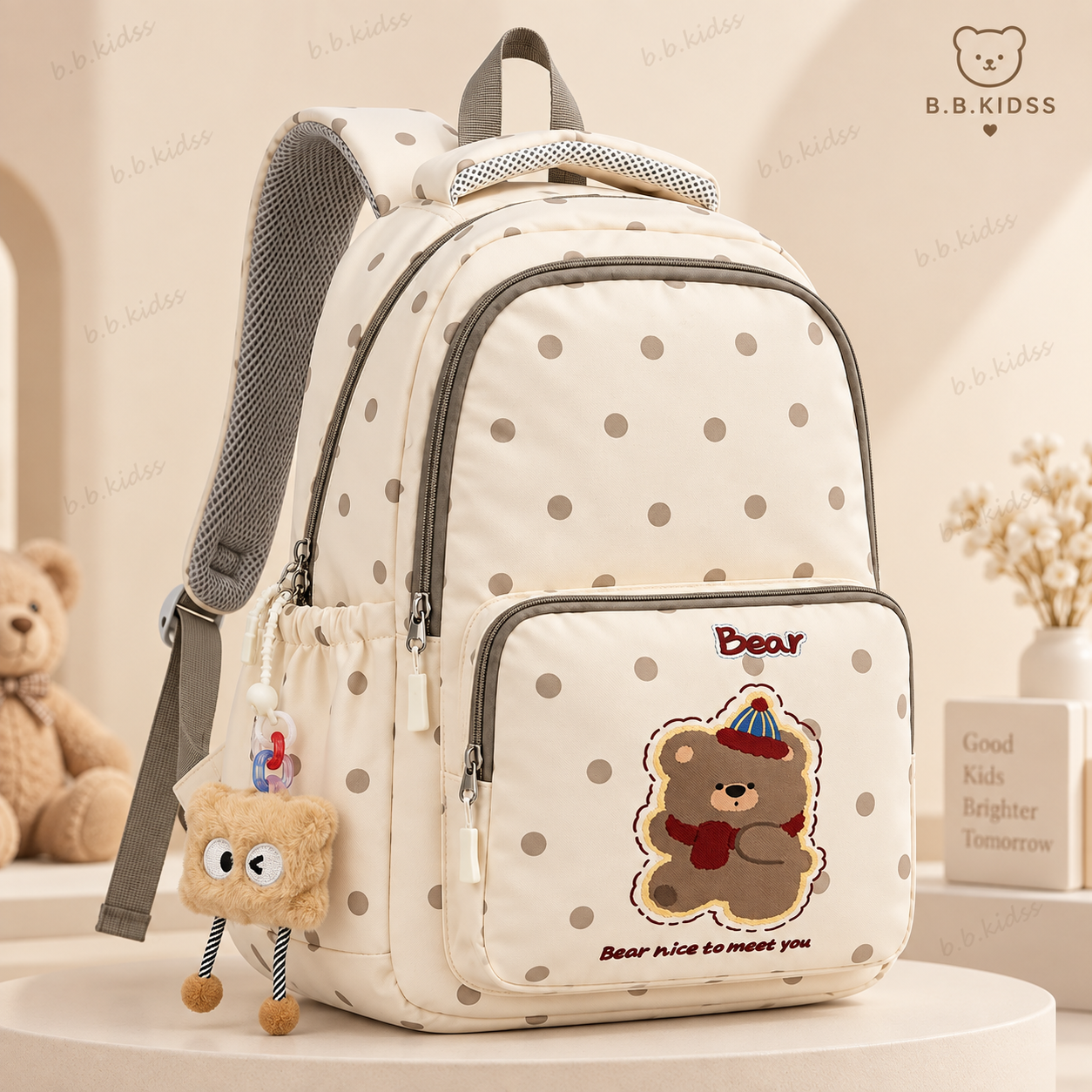 کوله پشتی خرسی Bear Dot کرم خال‌دار با آویز فانتزی