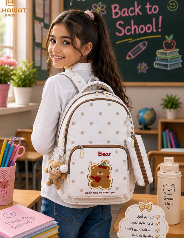 کوله پشتی خرسی Bear Dot کرم خالدار با آویز فانتزی