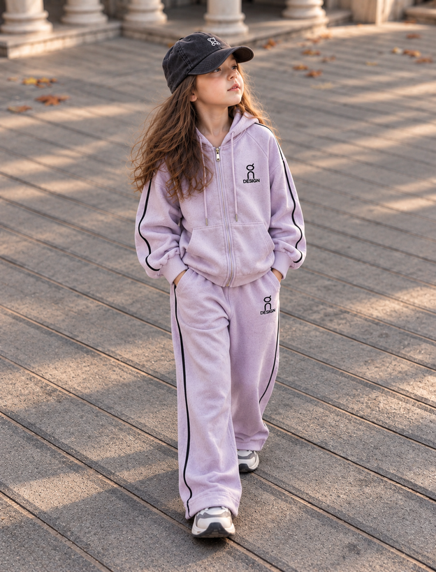 ست سویشرت کلاهدار و شلوار بگ دخترانه وارداتی مدل لیلاک شَدو (Lilac Shadow)، یاسی ابر و بادی مشکی کمرنگ، زیپدار با نوار کناری مشکی