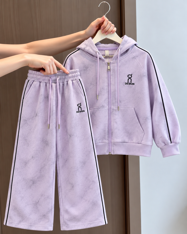 ست سویشرت کلاهدار و شلوار بگ دخترانه وارداتی مدل لیلاک شَدو (Lilac Shadow)، یاسی ابر و بادی مشکی کمرنگ، زیپدار با نوار کناری مشکی