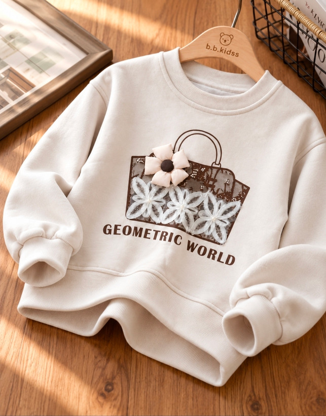 دورس دخترانه وارداتی مدل جیومتریک ورلد (Geometric World)، کرم شیری با طرح کیف قهوهای و گلهای توری و پارچهای برجسته، یقه گرد و آستین بلند